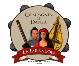 Logo della compagnia di danza La Farandola: un flauto, un liuto e il primo piano di una coppia in costume medievale, tutto all'interno di un tamburello.